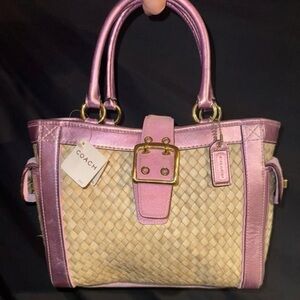Coach Pink and Tan Woven Satchel